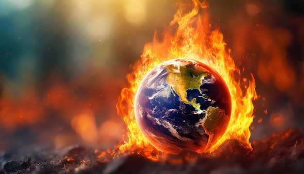 El planeta Tierra envuelto en llamas contra un telón de fondo negro que simboliza la crisis del calentamiento global