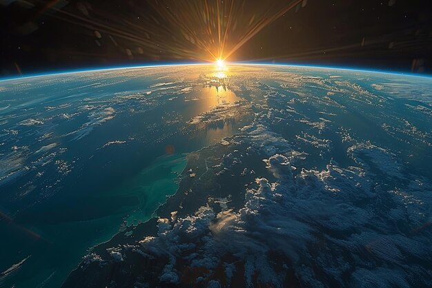 El planeta Tierra desde el espacio con el sol poniéndose