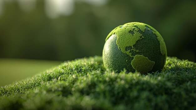 El planeta Tierra está representado como una esfera verde cubierta de hierba que descansa en un campo exuberante.