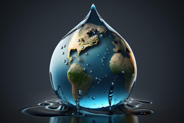 Planeta Tierra en forma de gota de agua, concepto de preservación ambiental y ahorro de agua.