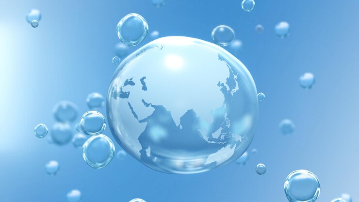 Planeta Tierra en gota transparente de cristal sobre fondo de burbuja azul que muestra Asia y Australia