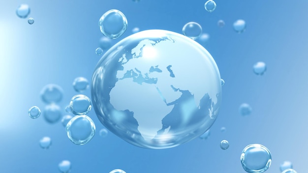 Planeta Tierra en gota transparente de cristal sobre fondo de burbuja azul que muestra África y Europa