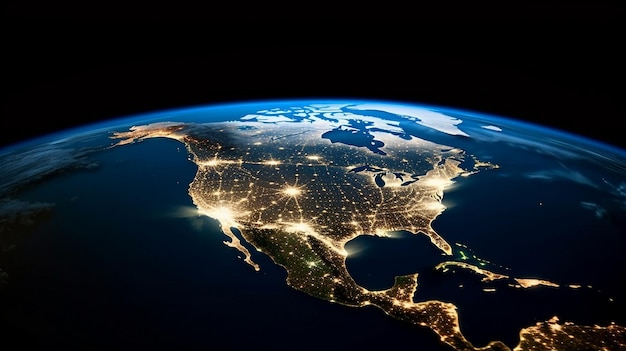 Un planeta tierra de noche con las luces de canadá y estados unidos.