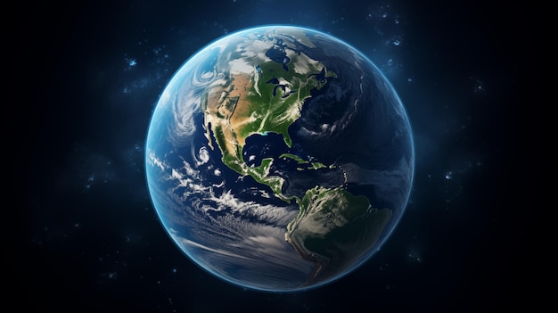 Planeta Tierra con relieve detallado y atmósfera Fondo espacial azul con la Tierra y la galaxia