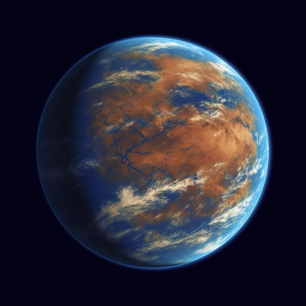un planeta con una tierra roja y el cielo azul en el fondo