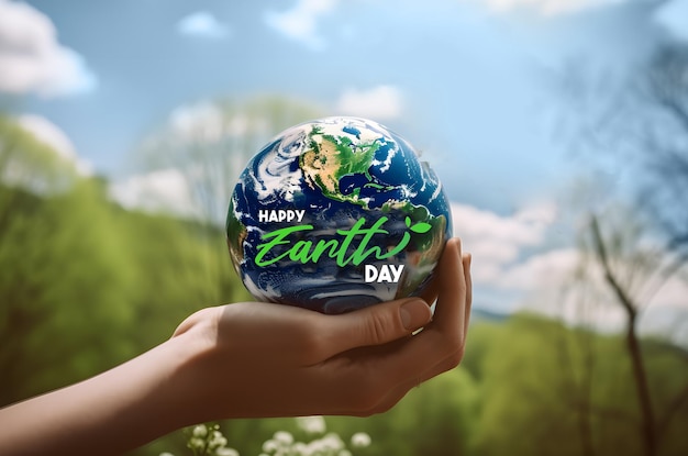 Foto planeta tierra sosteniendo en manos humanas feliz día de la tierra concepto de ahorro de energía generativo ai