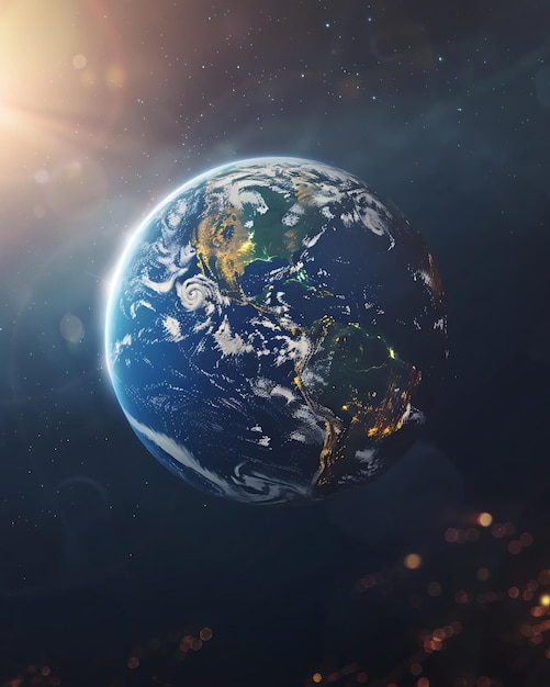 El planeta Tierra visto desde el espacio por la noche mostrando las luces de América y otros países