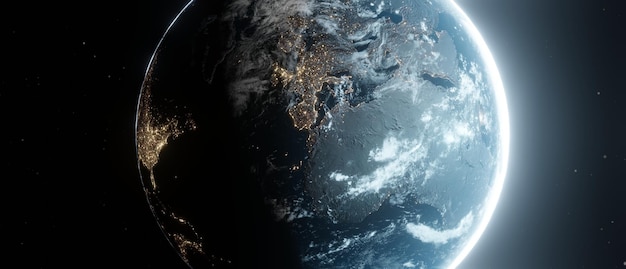 Planeta Tierra visto desde el espacio por la noche mostrando las luces durante la noche de Europa y África imagen de primer plano Render 3d del planeta Tierra Fondo de papel tapiz tecnológico y de comunicaciones