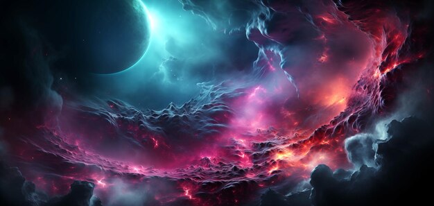 Planeta en el universo galaxia y nebulosa espacial en colores de neón