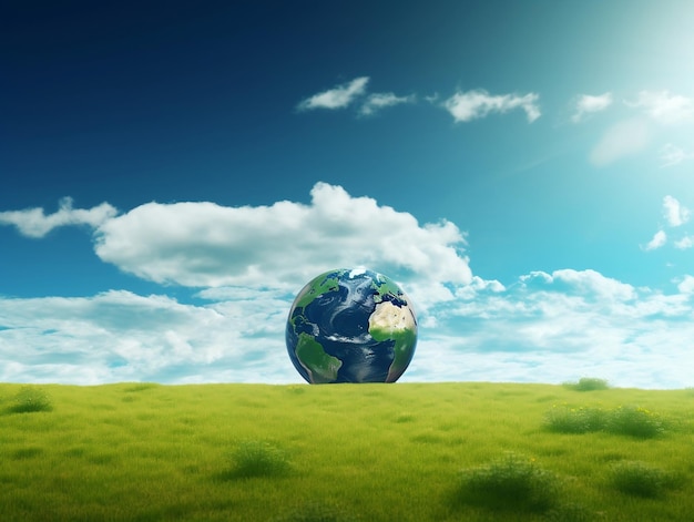 Un planeta verde está en un campo con nubes.