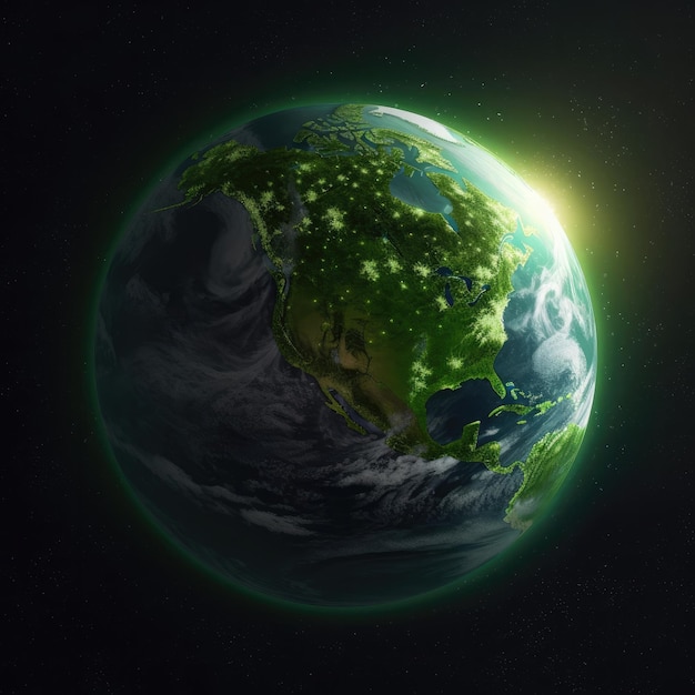 Un planeta verde con el sol brillando sobre él.
