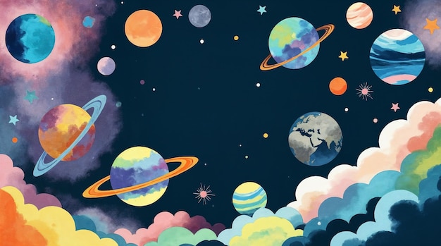 Planetas en acuarela en una ilustración espacial