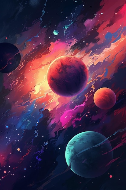 Planetas coloridos em uma pintura de galáxia