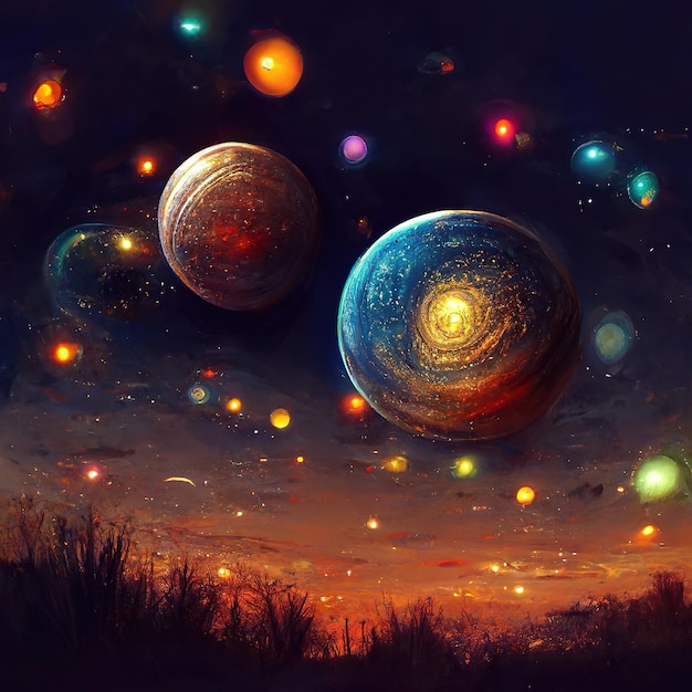 planetas coloridos con fondo de estrellas y galaxia