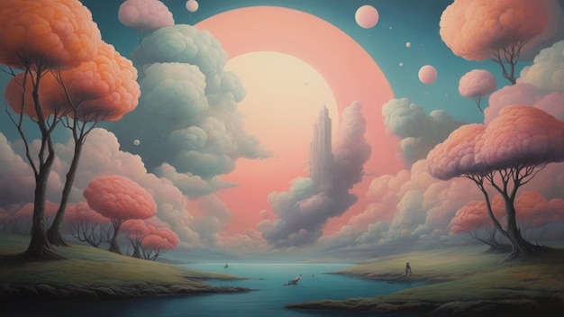 Planetas de arte surrealistas em cores pastel.