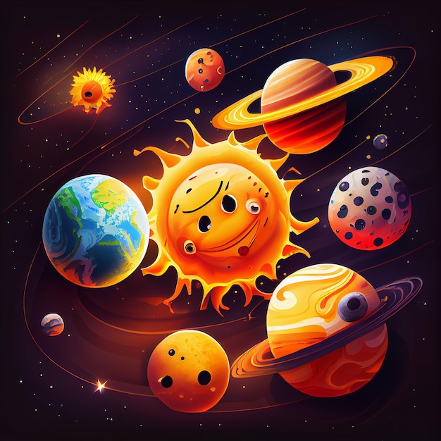 Planetas de desenho animado com sol e estrelas no sistema solar de ilustração de fundo escuro