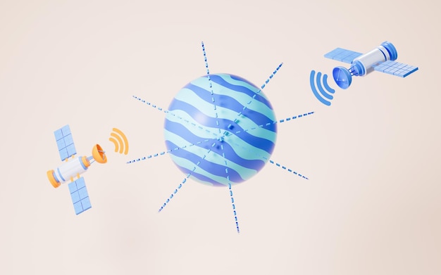 Planetas de dibujos animados y satélite en la representación 3d de fondo amarillo