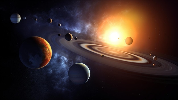 Planetas em uma galáxia com anéis e um anel ao seu redor
