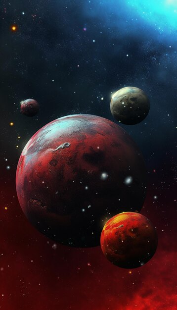 Planetas em uma galáxia com fundo vermelho