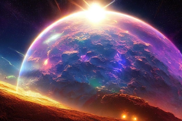 Planetas del espacio profundo imaginación fantástica de un planeta azul con colores brillantes 3d render