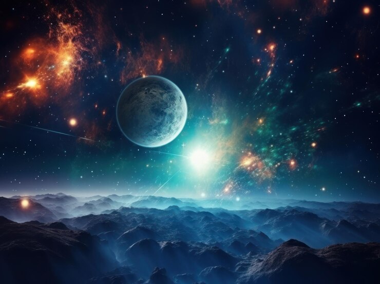 Planetas de fondo espacial y papel tapiz cósmico de la Vía Láctea