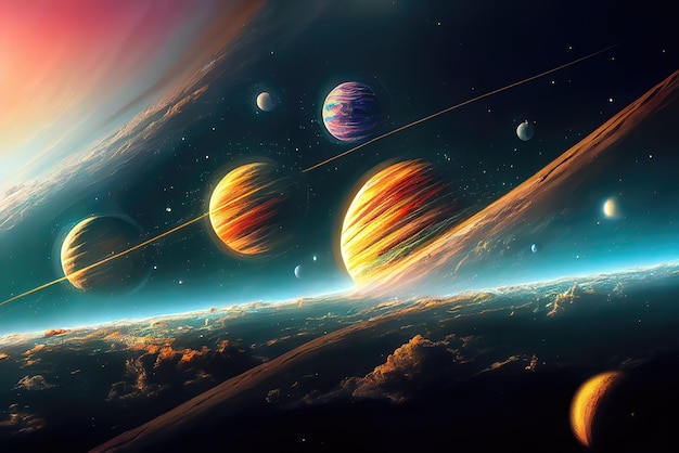 Planetas futuristas en el espacio ultraterrestre Hermosa ilustración de vista de galaxia