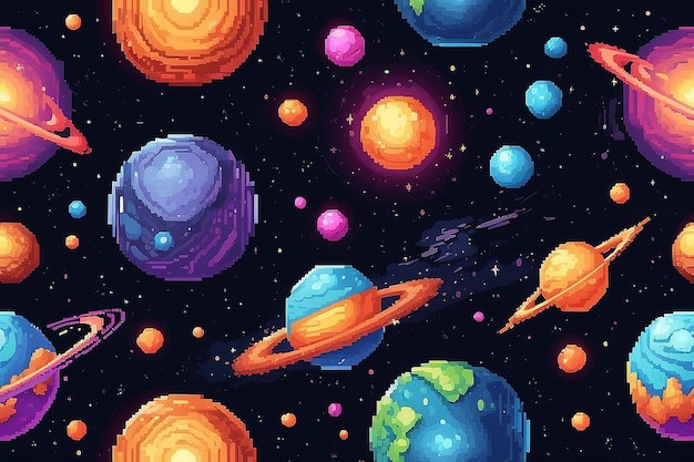 Planetas y nebulosas de fondo en el estilo de pixel art Espacio galaxia cosmos