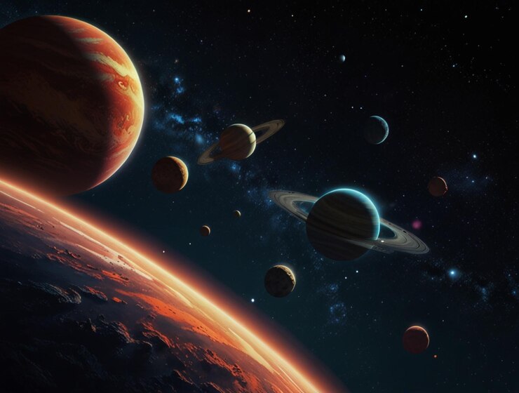 Foto planetas num espaço com planetas e planetas