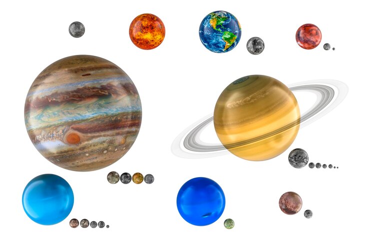 Planetas del sistema solar con satélites en 3D