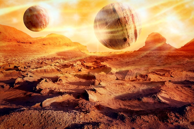Planeten über einer leblosen Wüste Weltraumlandschaft in Rot-Gelb-Tönen Außerirdisches Planetenkonzept Künstlerisches Bild