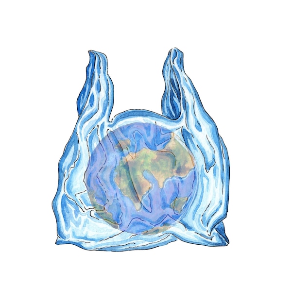 Planetenerde in einem Plastiktüten-Aquarell