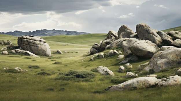 Foto planície nublada com pedras afiadas e rochas uhd paisagem fotorrealista