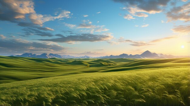 Planícies de grama verde sonhosa com nascer do sol ultra-realista
