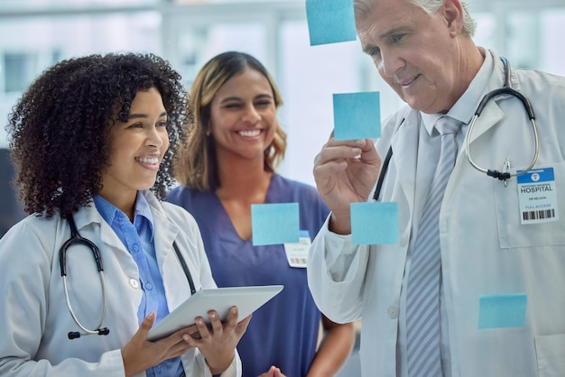 Foto planificación de la capacitación y el trabajo en equipo de los médicos en una placa de vidrio para la gestión de la atención médica y el flujo de trabajo de pasantías en una nota adhesiva estudiantes de medicina o mujeres con gerentes que escriben ideas para los objetivos de la clínica