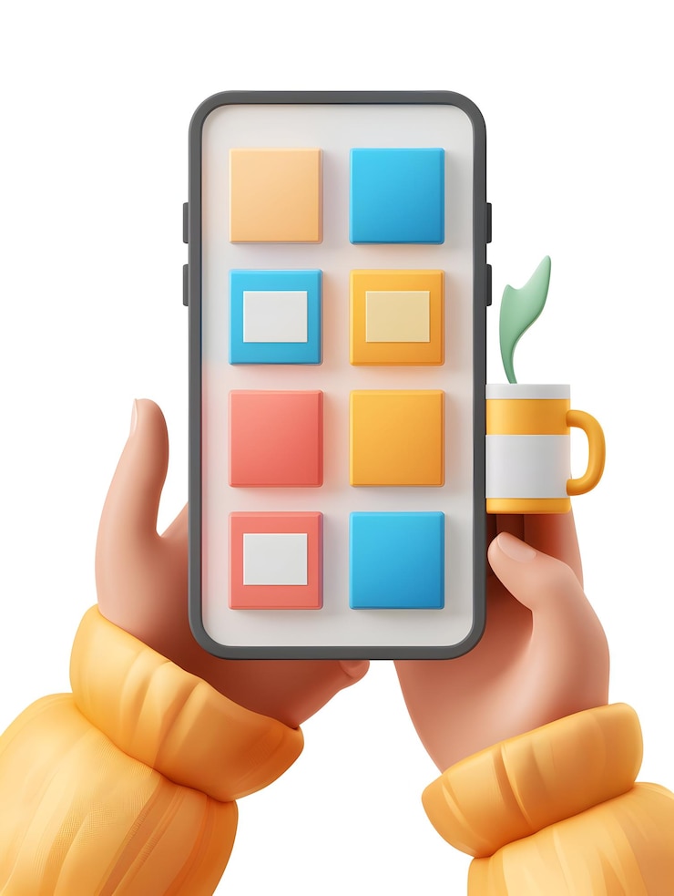 Foto planificación eficiente con icono plano 3d manos humanas sosteniendo teléfono inteligente y taza de café concepto de sche