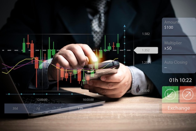 Planificación de la estrategia de comercio de acciones Comercio de acciones en línea Concepto de toma de decisiones utilizando gráficos de velas basados en datos de compra Pronóstico de dirección del mercado Criptomoneda Forex