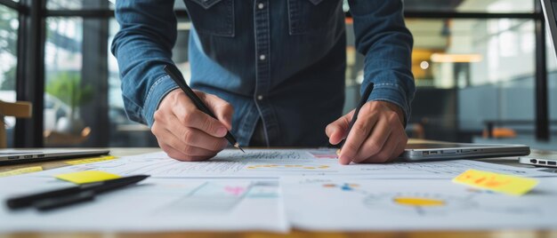 Foto planificación de la estrategia de negocio con gráficos y análisis en la mesa