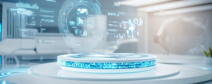 Planificación de riqueza virtual con hologramas se muestra en un entorno tecnológico moderno con acentos azules