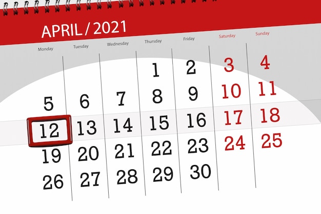 Planificador de calendario para el mes de abril de 2021, fecha límite, 12, lunes.