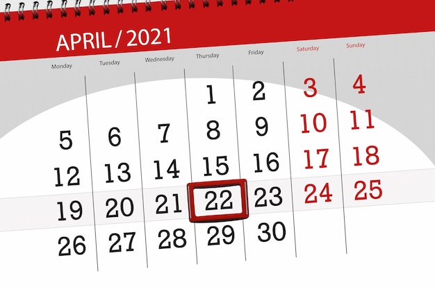 Planificador de calendario para el mes de abril de 2021, fecha límite, 22, jueves.