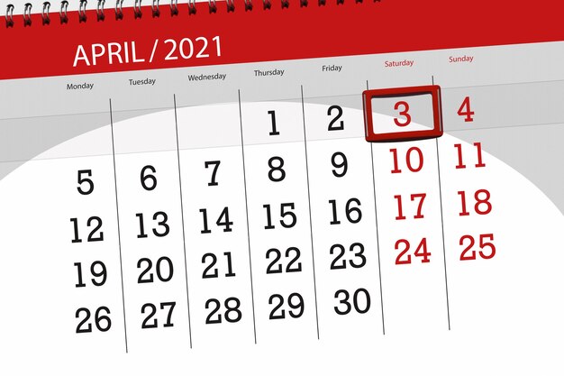 Planificador de calendario para el mes de abril de 2021, fecha límite, 3, sábado.