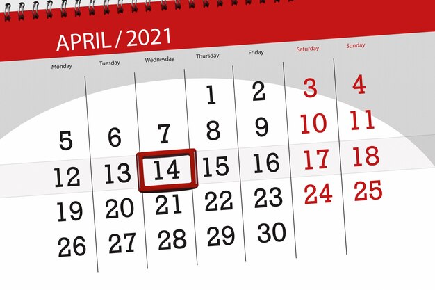 Planificador de calendario para el mes de abril de 2021, fecha límite, miércoles 14.