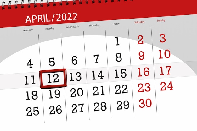 Planificador de calendario para el mes de abril de 2022 fecha límite día 12 martes