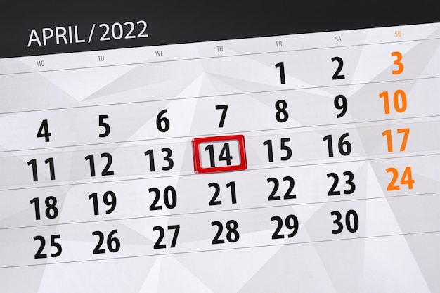 Planificador de calendario para el mes de abril de 2022 fecha límite día 14 jueves