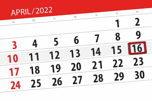 Planificador de calendario para el mes de abril de 2022 fecha límite día 16 sábado