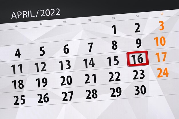 Planificador de calendario para el mes de abril de 2022 fecha límite día 16 sábado