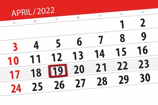 Planificador de calendario para el mes de abril de 2022 fecha límite día 19 martes