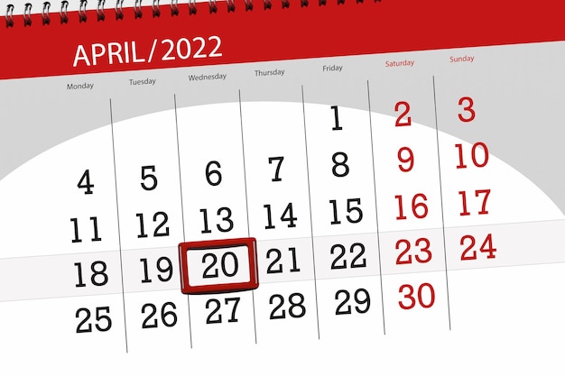 Planificador de calendario para el mes de abril de 2022 fecha límite día 20 miércoles