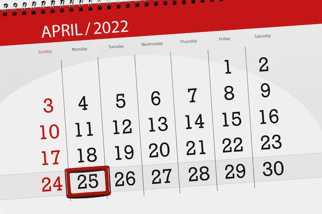 Planificador de calendario para el mes de abril de 2022 fecha límite día 25 lunes