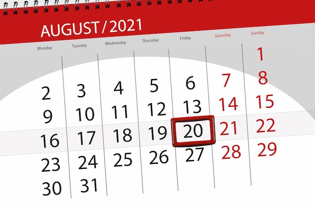 Planificador de calendario para el mes de agosto de 2021, fecha límite, 20, viernes.